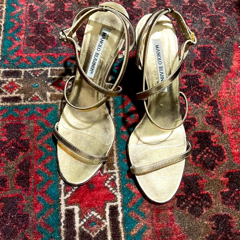 Manolo Blahnik bronze/gold cross front minimalist high heel size 37
